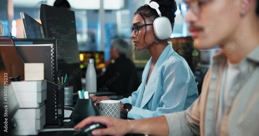 Poster Computer, music and thinking with programmer woman in office as graphic designer for software development. Headphones, typing and web design with developer or engineer at work for virtual update
