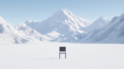 A black chair sits in the middle of a snowy field, facing a majestic mountain range.