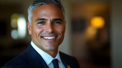 Fototapeta premium A smiling, middle-aged man with salt-and-pepper hair in a dark suit and white shirt