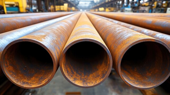 Rusty metal pipes industrial background texture parallel row steel tubes manufacturing factory