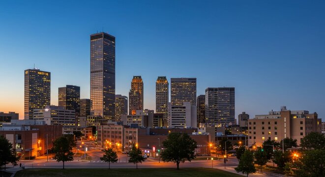 Tulsa Skyline: Dusk Hues and City Lights - Modern architecture, urban landscape, twilight glow, city growth, Oklahoma spirit. A captivating view of Tulsa's skyline as day transitions to night