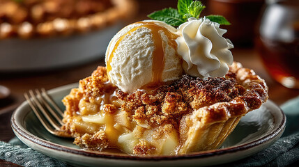 Close-up of apple pie slice, topped with ice cream, caramel, and whipped cream