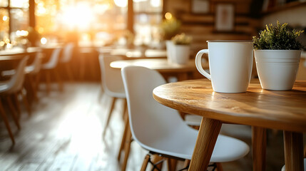 Sunlit cafe interior with a wooden table, white mug, and plant