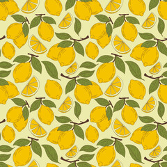Seamless vector lemon pattern on light yellow background. Juicy citrus fruits, slices, and leaves.