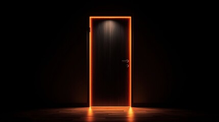 A dark room with a door illuminated by a bright orange light.
