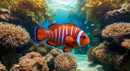 Obraz premium Vibrant Orange and White Striped Fish in a Coral Reef - A stunning orange and white striped fish with bright blue accents gracefully swims amidst vibrant coral and kelp, symbolizing freedom, beauty