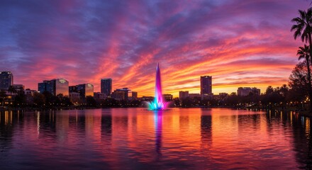 Fototapeta premium Vibrant Sunset Cityscape with Fountain - Stunning sunset over a city skyline reflected in a calm lake, featuring a brightly lit fountain at the center