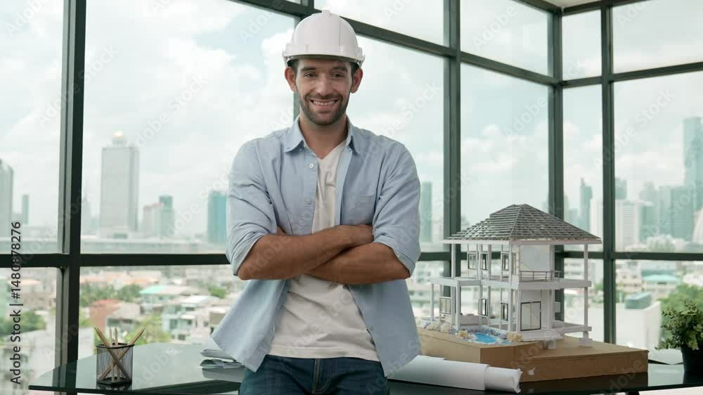 Poster civil engineer put on safety helmet while standing with arm folded. professional architect engineer 