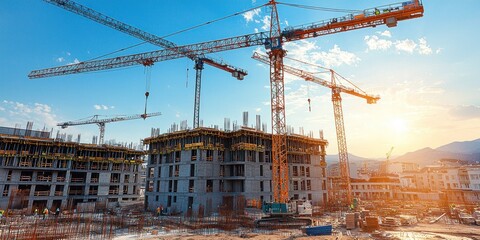 Construction site at sunset, multiple cranes, buildings under construction