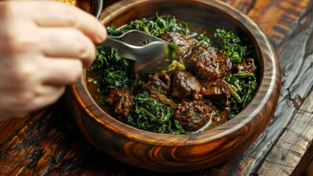 Zimbabwean sadza in a wooden bowl, with a side of greens and meat stew. A traditional and hearty dish from Zimbabwe
