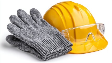 A pair of gloves and a yellow hard hat are displayed on a white background