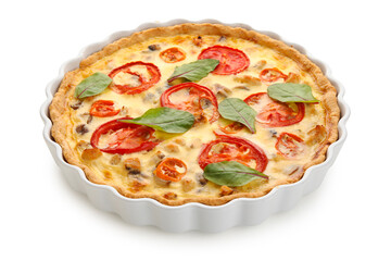 Delicious tomato tart with spinach leaves on white background