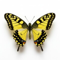 Yellow and Black Butterfly Isolated on White - A vibrant yellow and black butterfly, wings spread wide, isolated on a pure white background. Symbolizing transformation, beauty, freedom, fragility