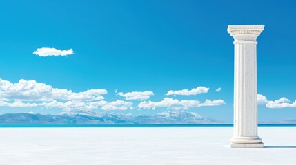 A white column stands in a vast, flat, white expanse, with a clear blue sky and distant mountains in the background.