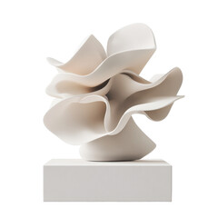 Elegant Abstract White Sculpture on Display Base, Modern Art Piece with Flowing Shapes and Soft Curves on transparent background