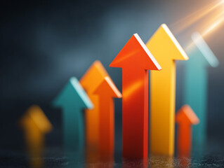 Setas para cima coloridas em fundo claro representam crescimento, progresso e sucesso em gráfico conceitual de negócios e finanças