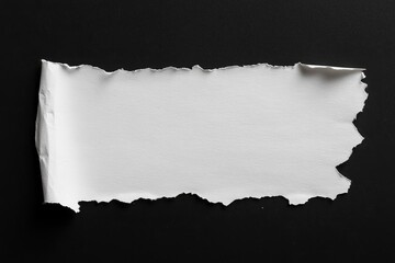 A torn piece of white paper on a black surface.  A rectangular piece of white paper with uneven edges is positioned on a black background. 