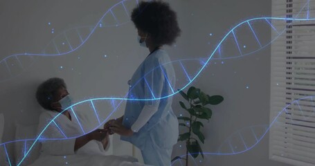 Senior patient with masked nurse holding hand at bedside with DNA helix medical overlay - Powered by Adobe
