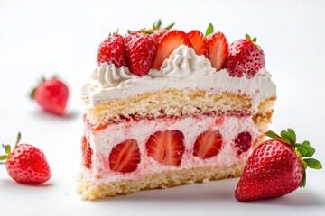 Slice of cake with strawberries and cream on a white background