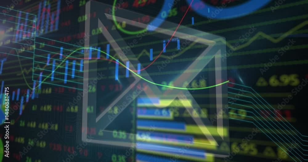 Poster translucent envelope icon floating on dark analytics screen, showing neon graphs and circuit lines