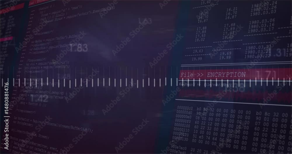 Poster ui showing code moving left, candlestick chart center, numeric table right with encryption ribbon
