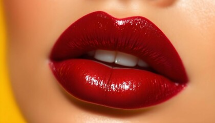 Fototapeta premium Closeup of Beautiful Woman s Lips with Red Glossy Lipstick
