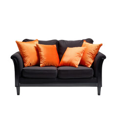 Fototapeta premium Dark sofa with orange pillows on transparent background