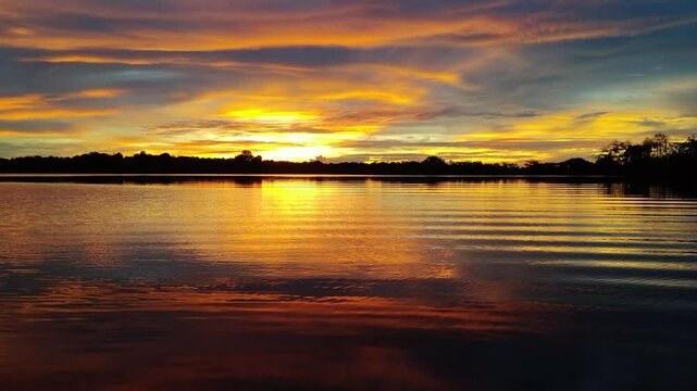 Beautiful sunrise view from yacht cruising Amazon Jungle River. Amazing sunset as seen from a boat side in the golden hours. Forest Silhouette. Anavilhanas, Amazonia, Manaus, Brazil. Vertical 4k