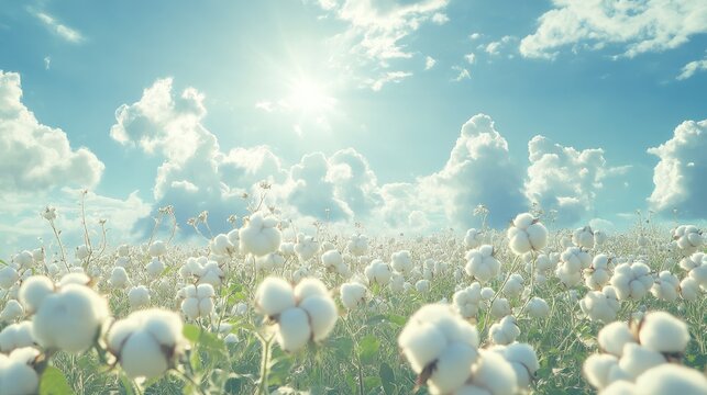 Vast cotton field under a bright summer sky.