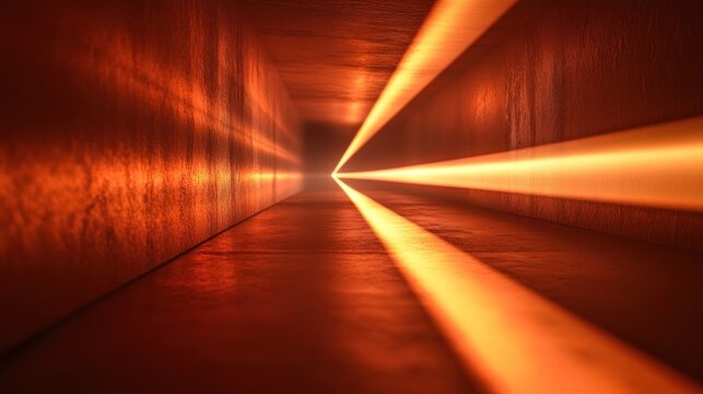 Parallel orange light beams in dark tunnel abstract digital art