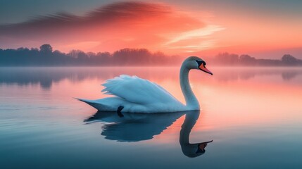 Obraz premium Majestic swan glides on tranquil lake at sunrise