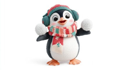 Naklejka premium Playful cartoon penguin in winter outfit holding snowballs