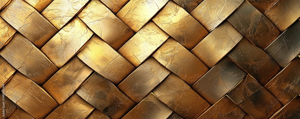 Poster interwoven golden bands create a textured, diagonal pattern. the lustrous surface reflects light, sh
