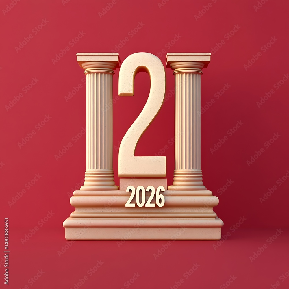 Poster year 2026 golden number displayed on columns against red background render
