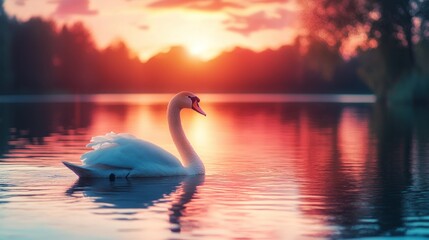 Fototapeta premium Majestic swan glides on tranquil lake at sunset