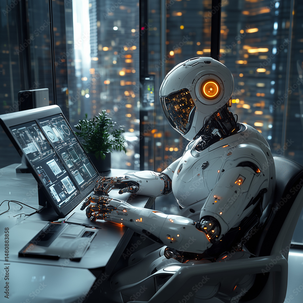 Poster futuristic robot working at a computer in a modern office during nighttime ai, robot, artificial, in