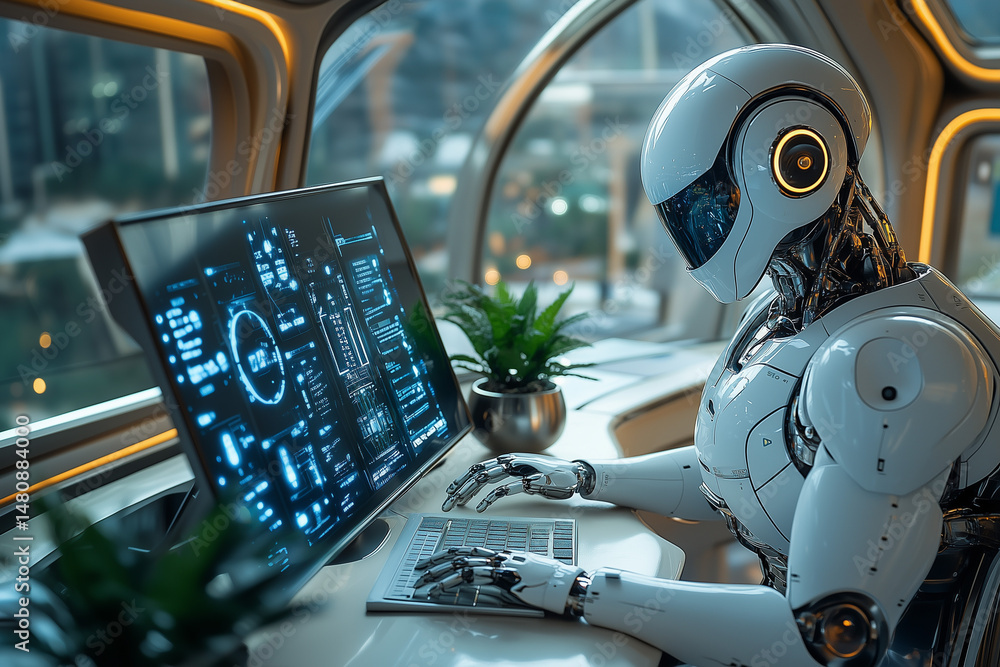 Poster ai robot operates advanced computer in futuristic office space overlooking city skyline ai, robot, c