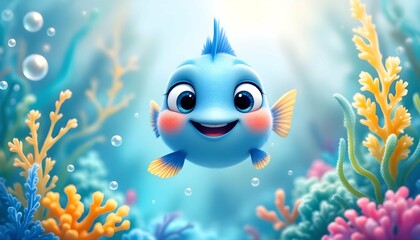 Adorable Cartoon Blue Fish in Vibrant Underwater Scene
