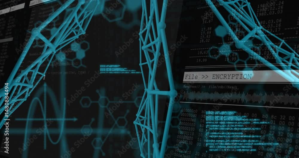 Poster 3d lattice structure showing encryption progress unfolding alongside code panels and hex diagrams
