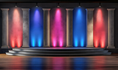 Illuminated stage with classic columns, creating a dramatic and elegant setting.  Perfect for presentations or performances