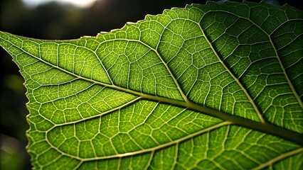 Obraz premium Closeup of a Vibrant Green Leaf Vein Structure Backlit by Sunlight
