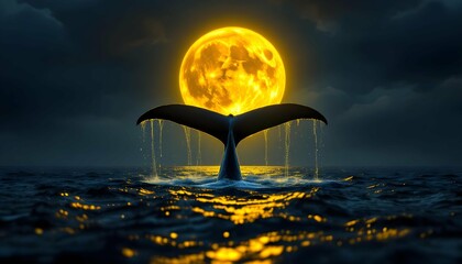 Whale Tail Silhouette Against a Fiery Full Moon