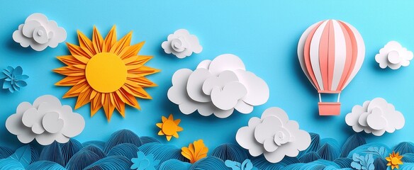Paper craft sunny scene with hot air balloon