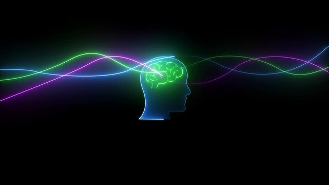 Glowing neon Profile of a human head with neon color glowing and hexagonal brain madical man icon animation structure, artificial intelligence and technology motion background.