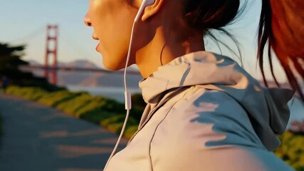 Side view of a woman listening to music while jogging at sunrise. Perfect for wellness and lifestyle themes.