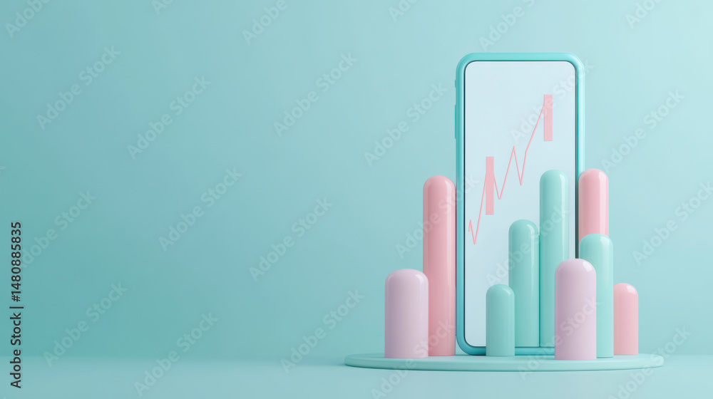 Poster abstract smartphone display with colorful geometric shapes in a minimalistic setting