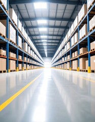 Fototapeta premium Warehouse with shelves, symbolizing trade effects on inventory and supply chains. 