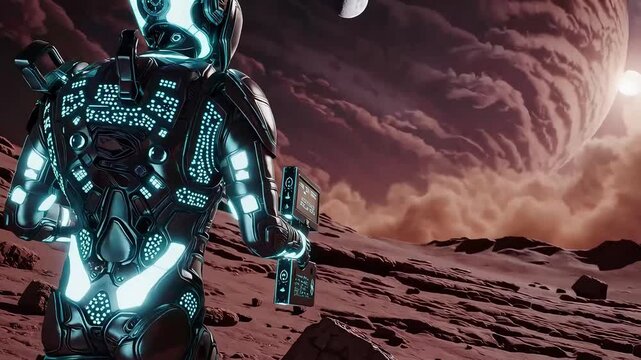 Futuristic humanoid robot walking on a red planet landscape. Ideal for sci-fi, space, or tech visuals.