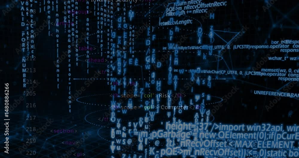 Poster bright blue code characters flowing over 3d network grid with dotted orbit outlines and syntax