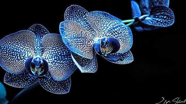 Close-up of three vibrant blue orchids.